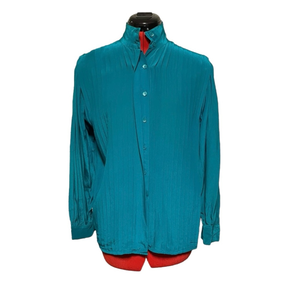 Vintage JH Collectibles Green 100% Silk Plated Button Downn Shirt Size 8.